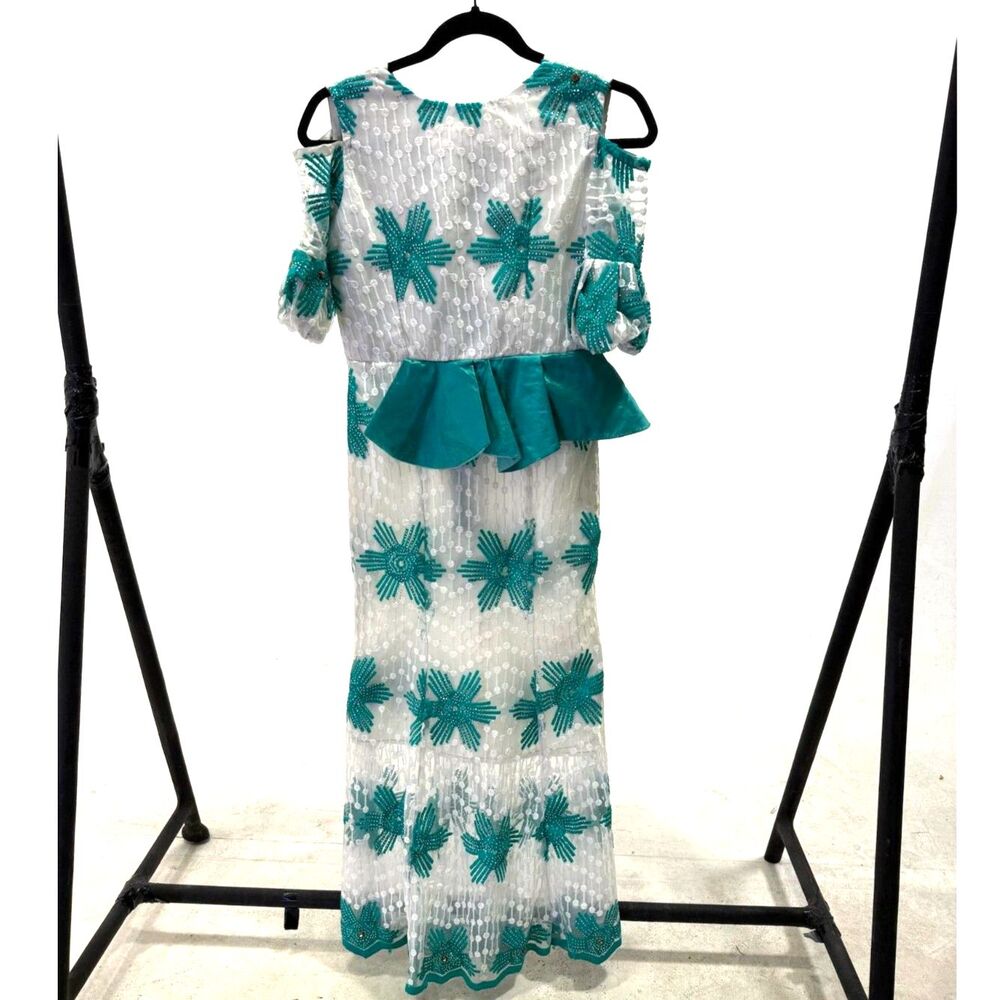 Vintage 60s teal & white occasion midi w/ shoulder cut out, peplum, jeweled - Picture 1 of 5